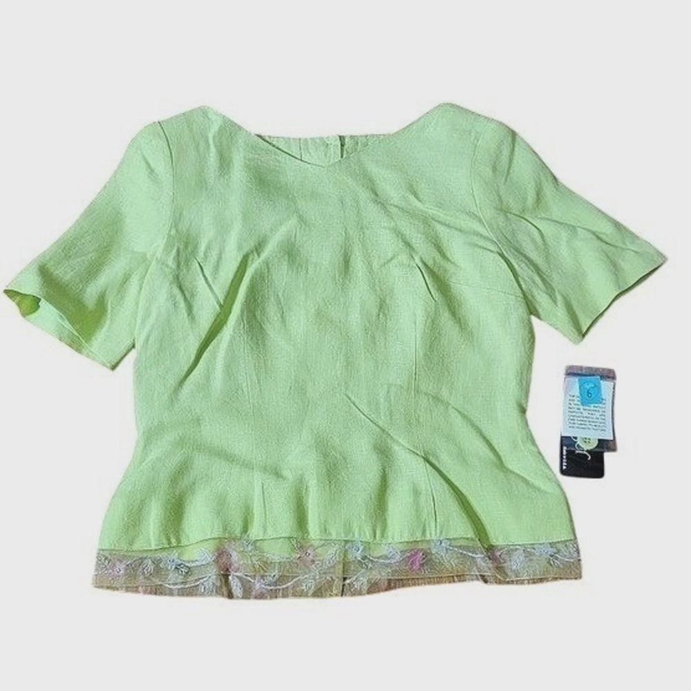 Vintage Althuser Green Linen Blazer Short‎ Sleeve Button Back Floral Trim USA 6